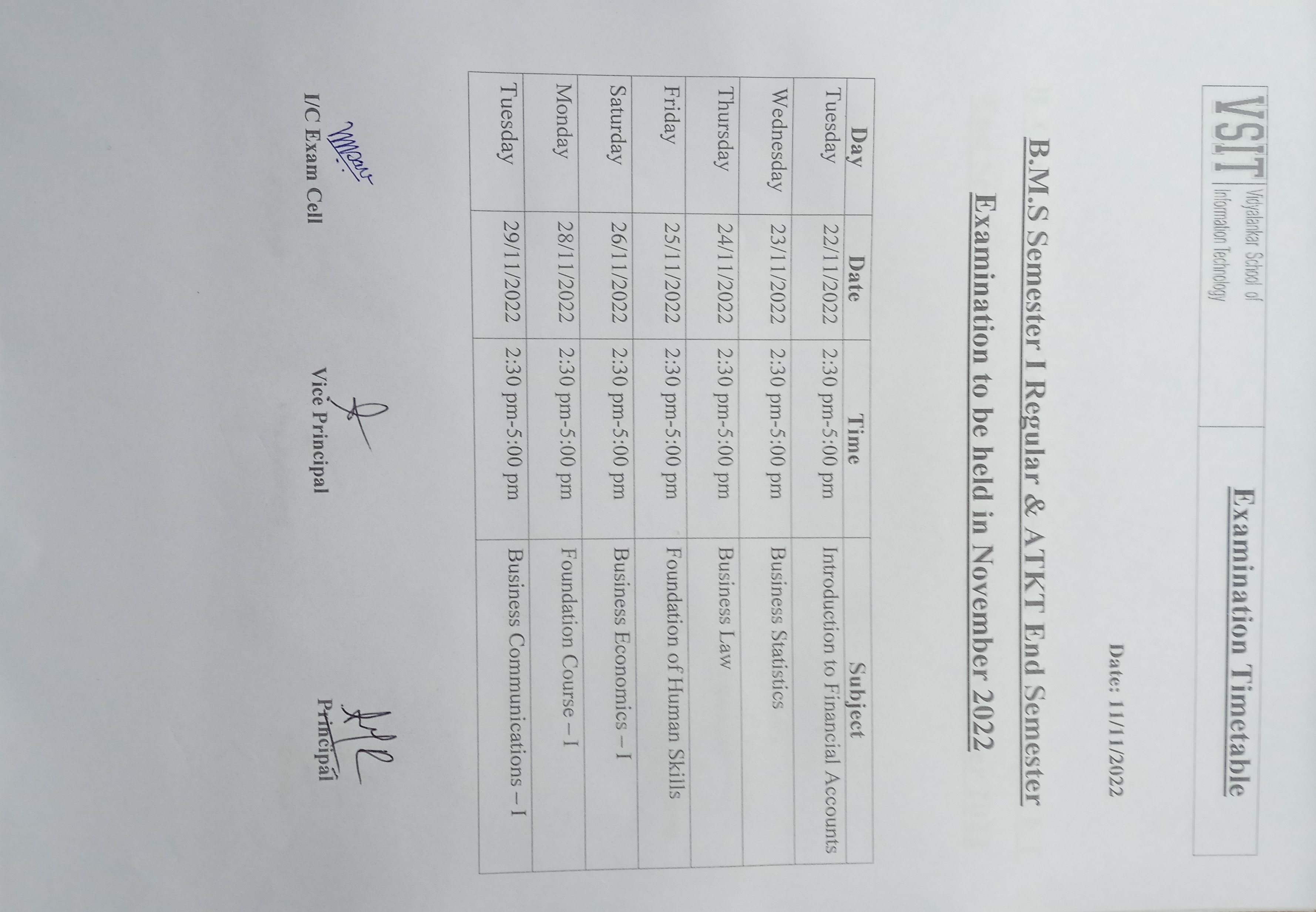 VSIT Winter Session Exam Timetable 20222023
